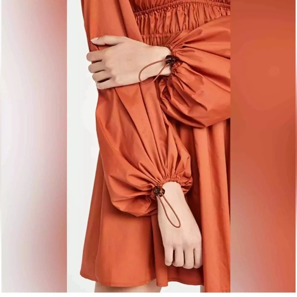 NWT Staud,Form Flattering Bow Dress Puff Sleeve Mini Rust Red, Boho, Lux,Size 6 - Picture 6 of 9